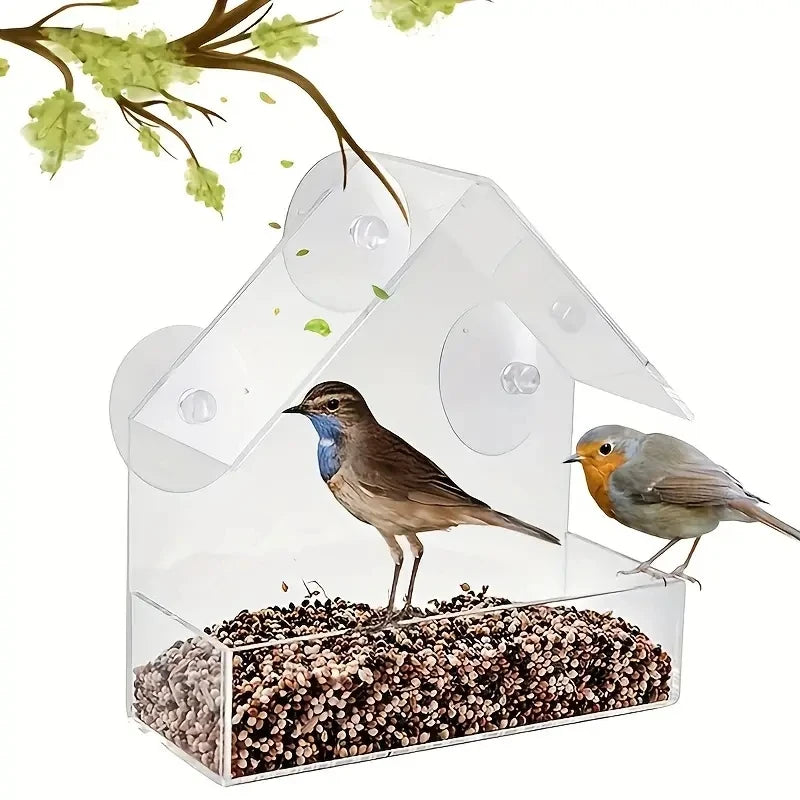 Acrylic Bird Feeder Clear Window Outside Hanging Bird Feeder House with Suction Cup for Garden Outdoor Backyard Wildlife Birding