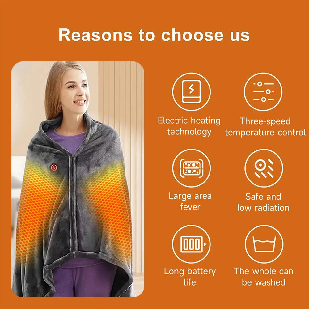 Wearable Heating Electric Blanket Shawl 3 Heated Level Throw Blanket 5v USB Charging Coral Velvet 8 Heated Areas Fast Heating