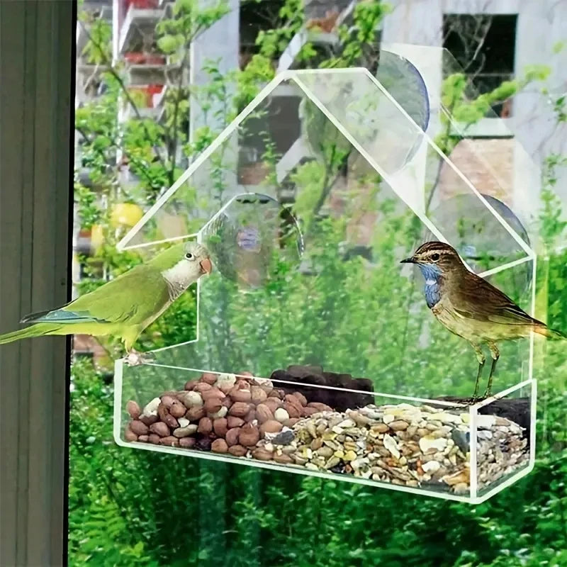 Acrylic Bird Feeder Clear Window Outside Hanging Bird Feeder House with Suction Cup for Garden Outdoor Backyard Wildlife Birding