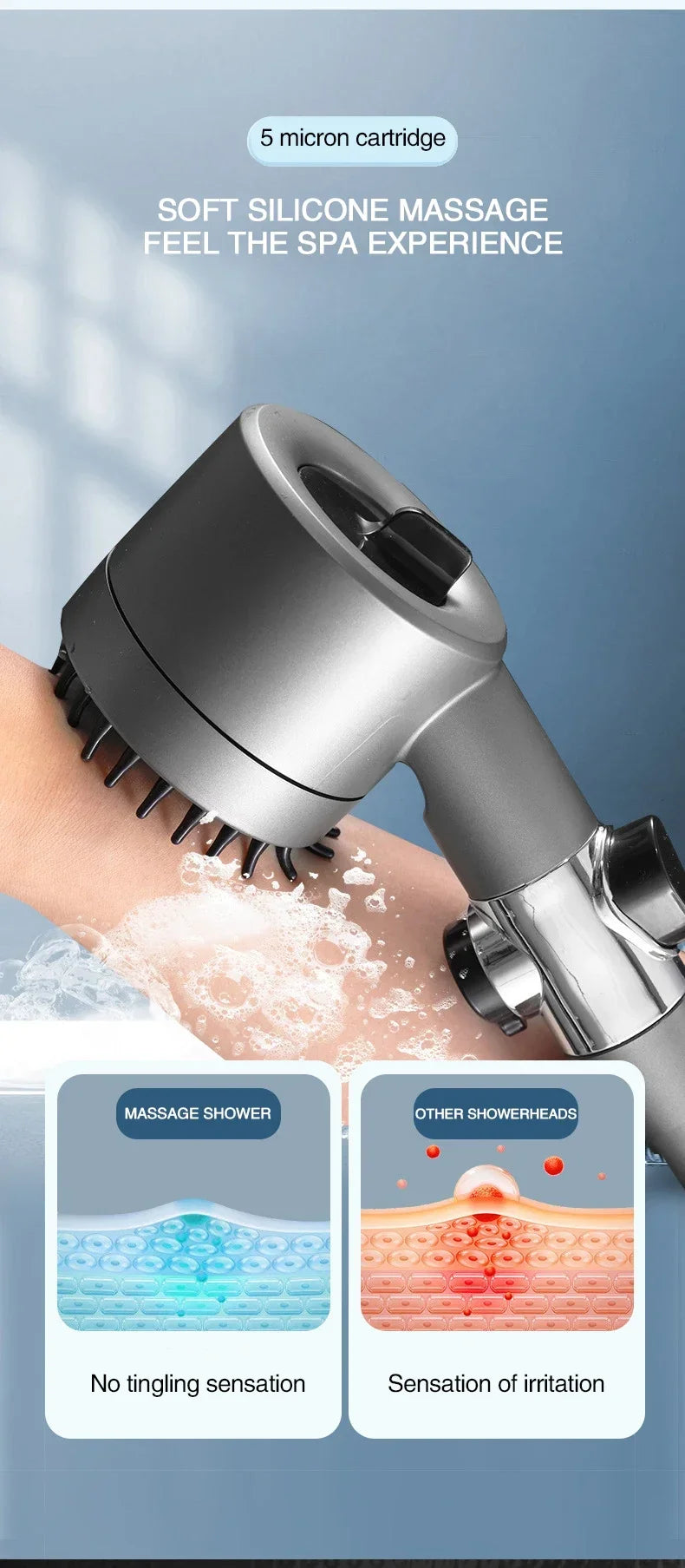 High Pressurized Filter Shower Head 3-mode Adjustable Spray with Massage Brush Rain Faucet Bathroom Accessories