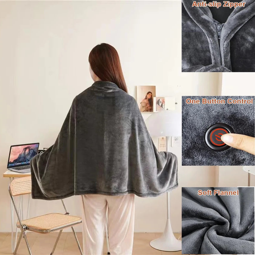 Wearable Heating Electric Blanket Shawl 3 Heated Level Throw Blanket 5v USB Charging Coral Velvet 8 Heated Areas Fast Heating