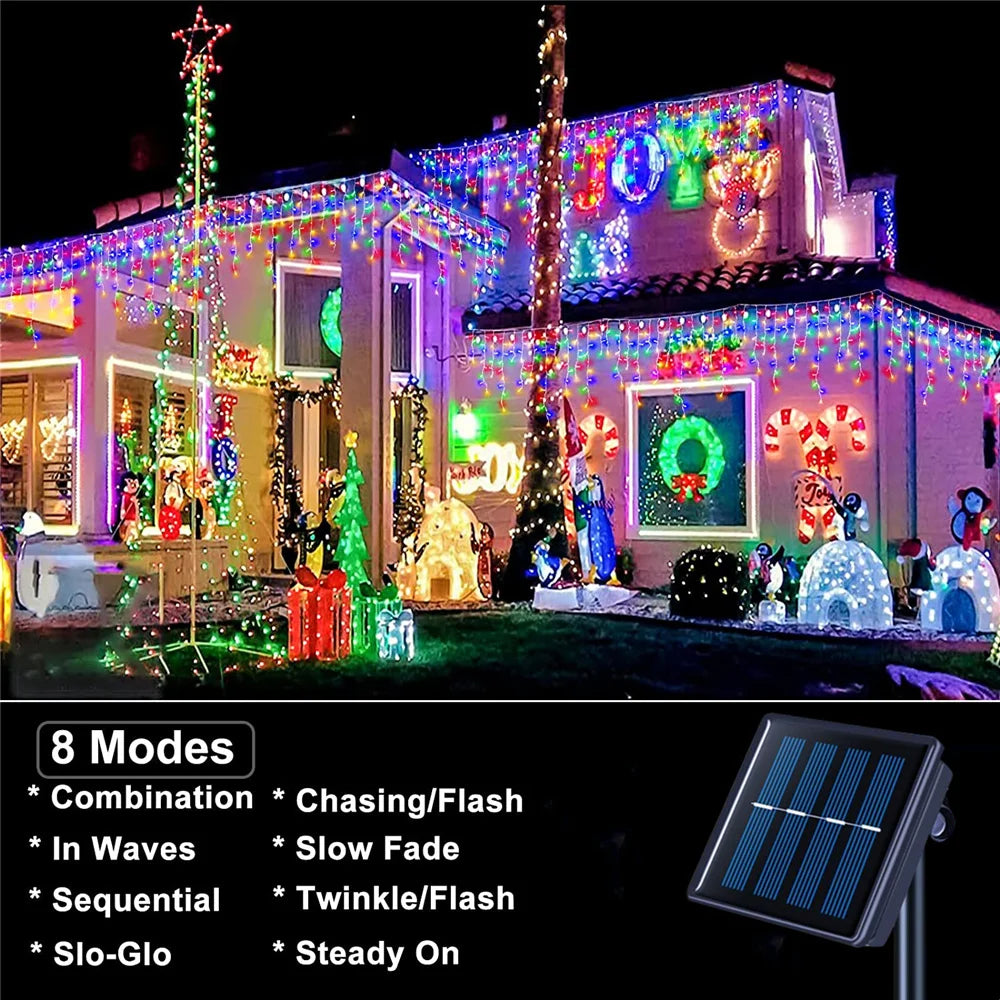 3.5M/7.5M Solar Curtain Icicle Light Outdoor Eaves Decor String Lights Garden Party Yard Christmas Decoration holiday Garlands