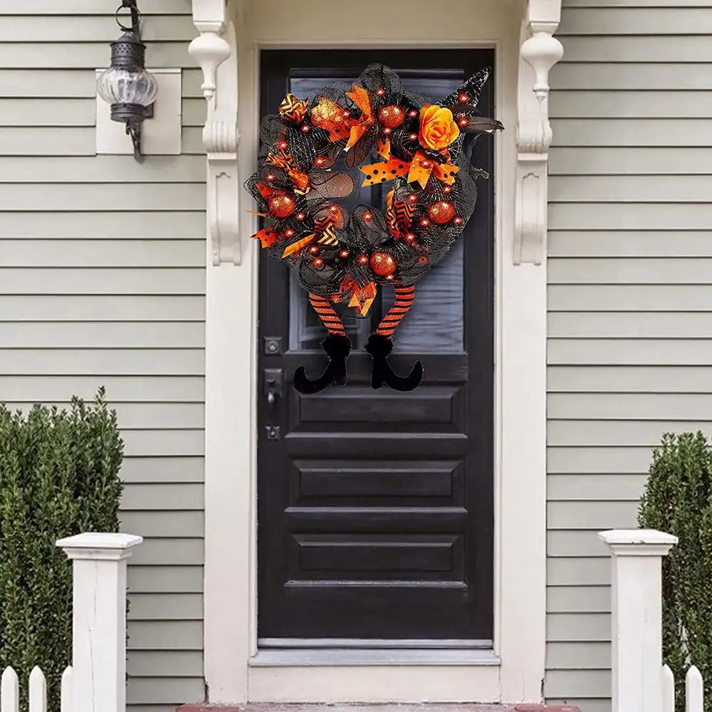 Halloween Wreath With LED Lights for Home Party Door Hanging Garland Witch Skull Haunted Faux Maple Pumpkin Horror Decorations