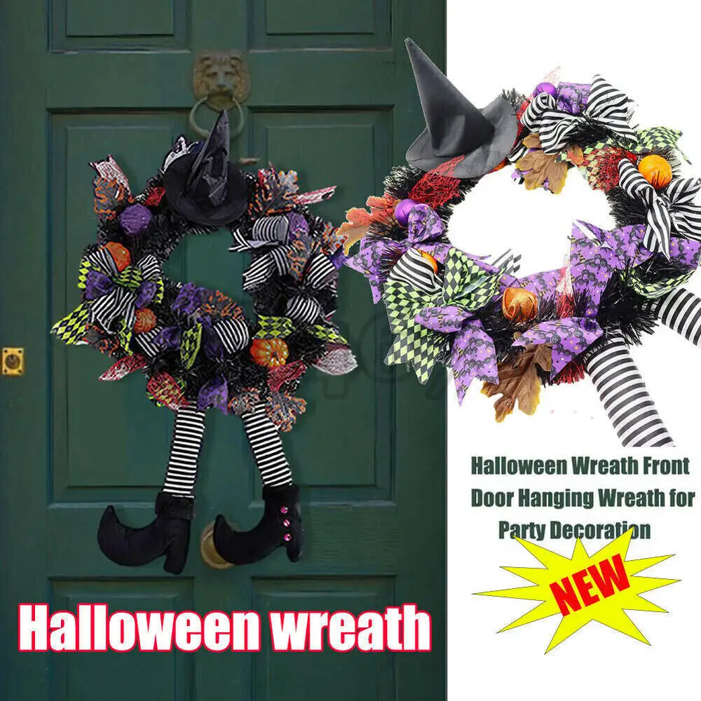 Halloween Wreath With LED Lights for Home Party Door Hanging Garland Witch Skull Haunted Faux Maple Pumpkin Horror Decorations