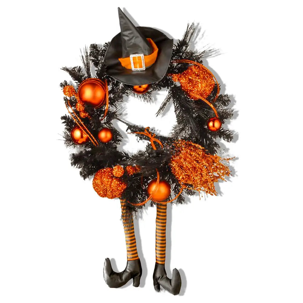 Halloween Wreath With LED Lights for Home Party Door Hanging Garland Witch Skull Haunted Faux Maple Pumpkin Horror Decorations