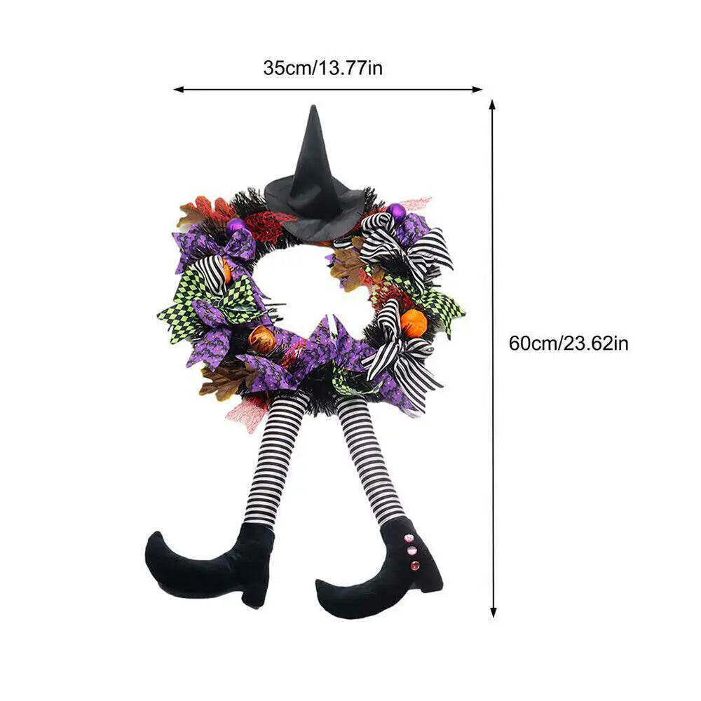 Halloween Wreath With LED Lights for Home Party Door Hanging Garland Witch Skull Haunted Faux Maple Pumpkin Horror Decorations