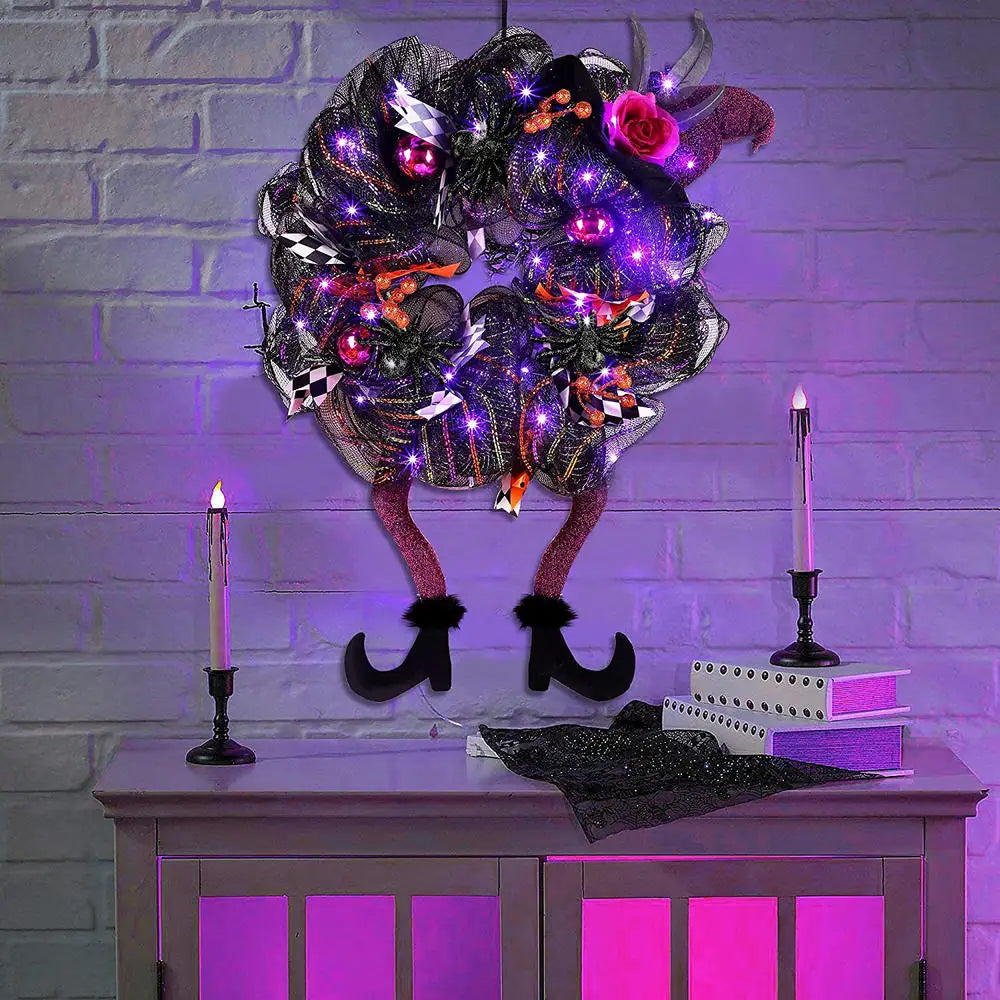 Halloween Wreath With LED Lights for Home Party Door Hanging Garland Witch Skull Haunted Faux Maple Pumpkin Horror Decorations