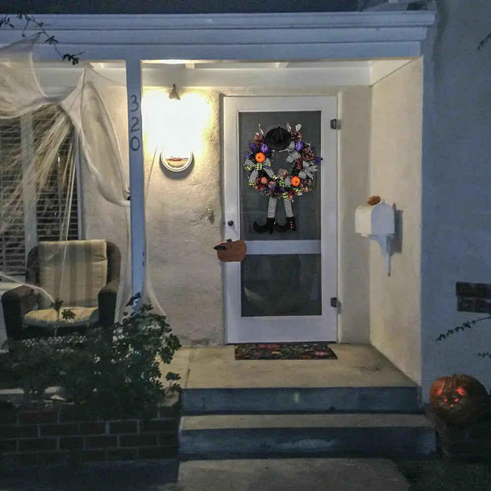 Halloween Wreath With LED Lights for Home Party Door Hanging Garland Witch Skull Haunted Faux Maple Pumpkin Horror Decorations