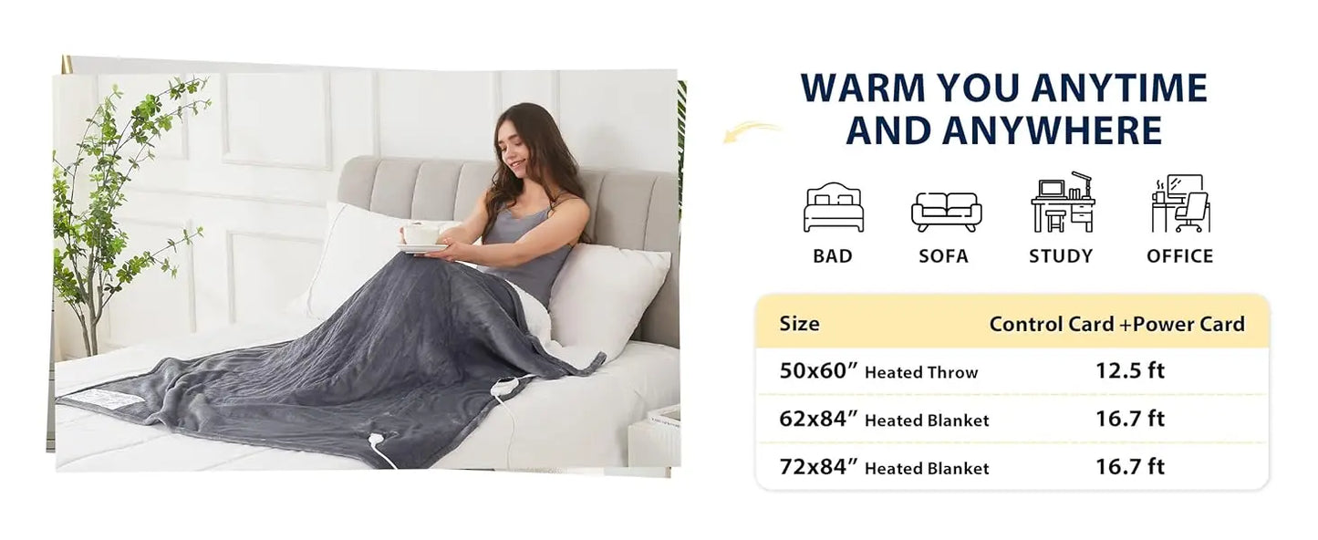 Heated Blanket Electric Throw - 50"x60" Heating Blanket Throw 1/2/4/6/8 Hours Auto-off 10 Heat Level Heat Blanket Over-heat