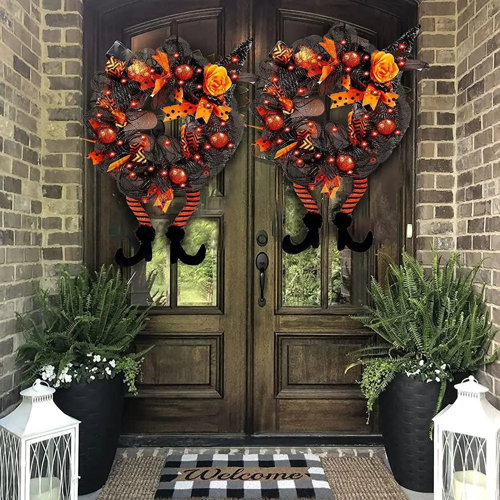 Halloween Wreath With LED Lights for Home Party Door Hanging Garland Witch Skull Haunted Faux Maple Pumpkin Horror Decorations