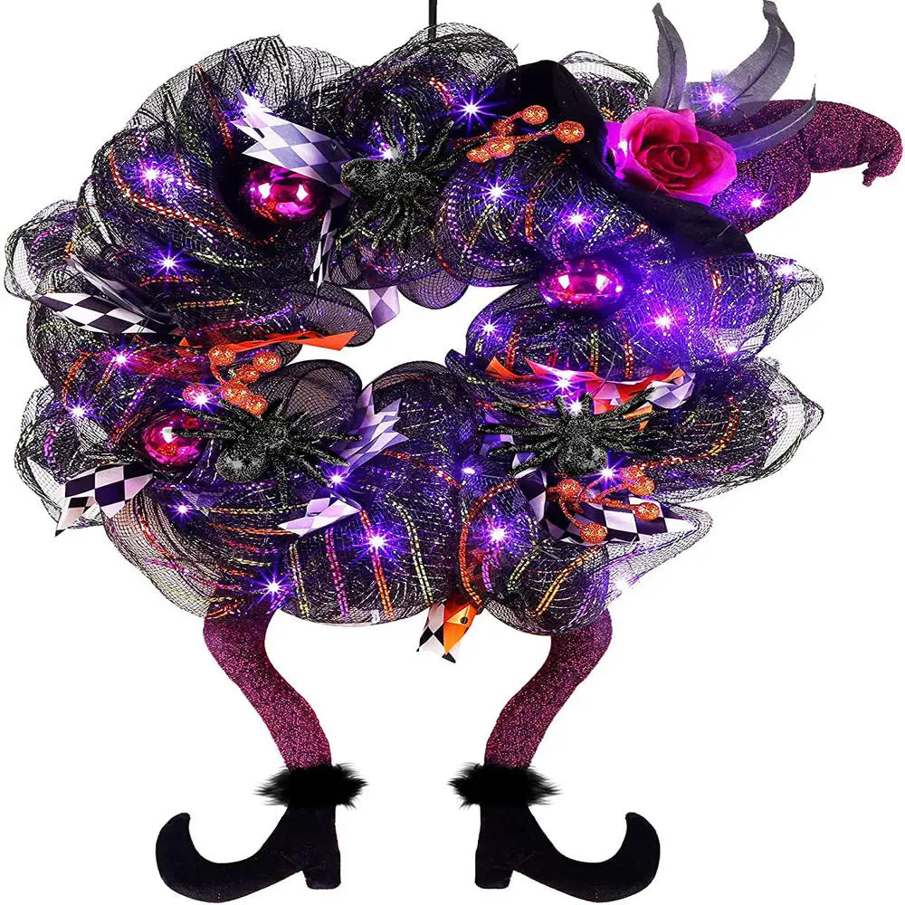 Halloween Wreath With LED Lights for Home Party Door Hanging Garland Witch Skull Haunted Faux Maple Pumpkin Horror Decorations