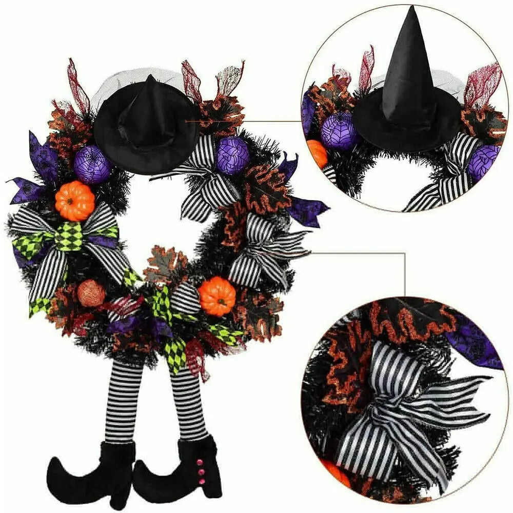 Halloween Wreath With LED Lights for Home Party Door Hanging Garland Witch Skull Haunted Faux Maple Pumpkin Horror Decorations